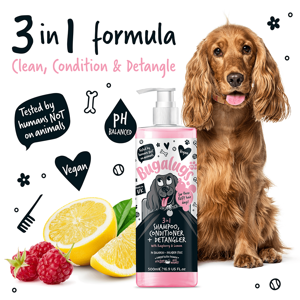 Bugalugs 3 in 1 Raspberry & Lemon Dog Shampoo, Conditioner and Detangler - PetHubb - 5056176299446